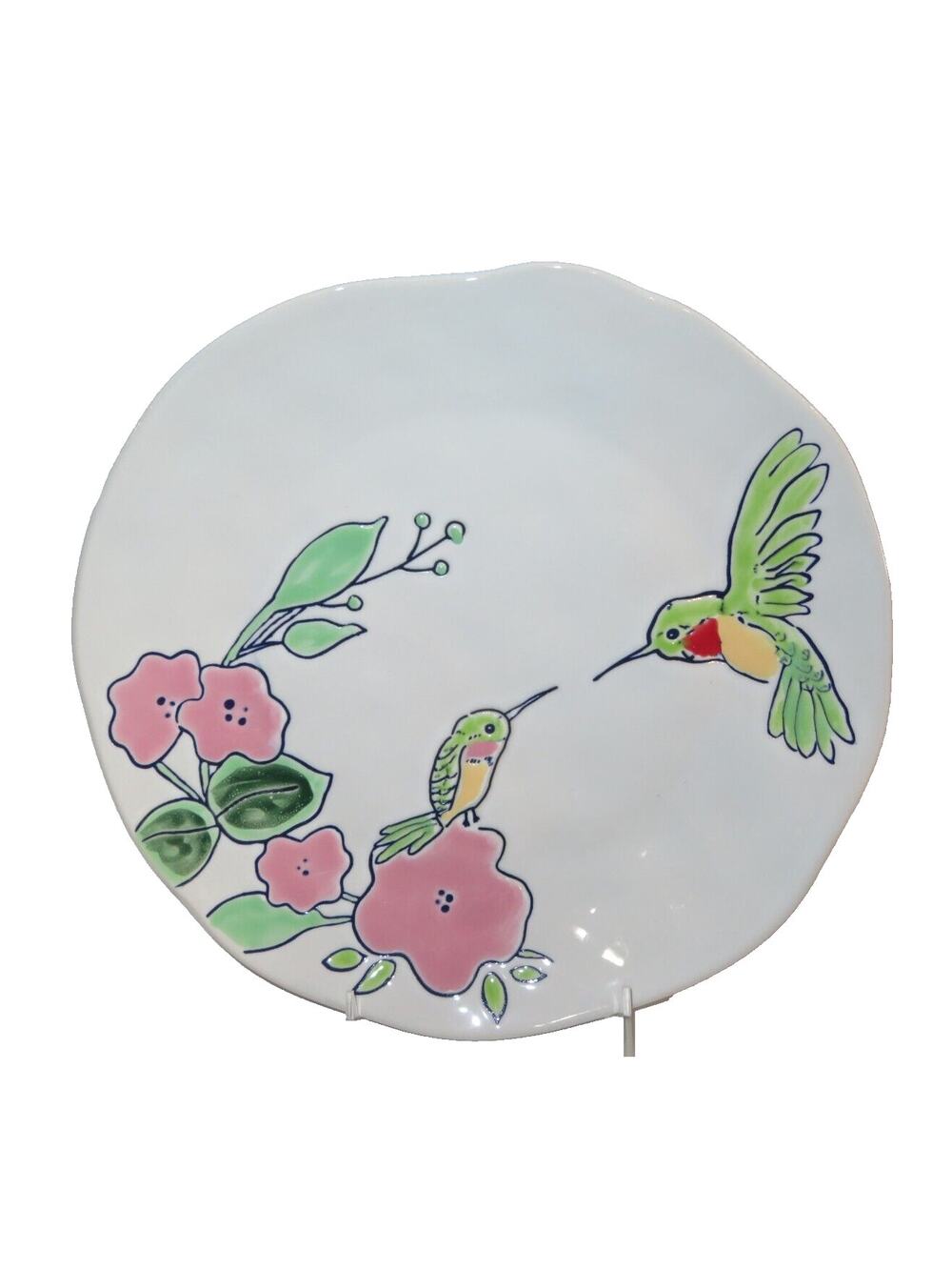 SET OF 2 ELI & ANA HANDMADE CERAMICS FLORAL HUMMINGBIRD 8" SALAD PLATES NEW